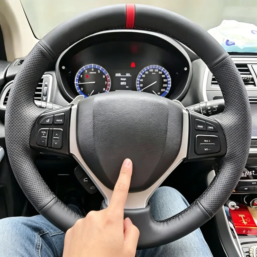 Handgenähter schwarzer Mikrofaser-Leder-Lenkradbezug 2015-2019 SX4 S-CROSS 2013-2019 Celerio 2015-2019 für Suzuki Vitara.