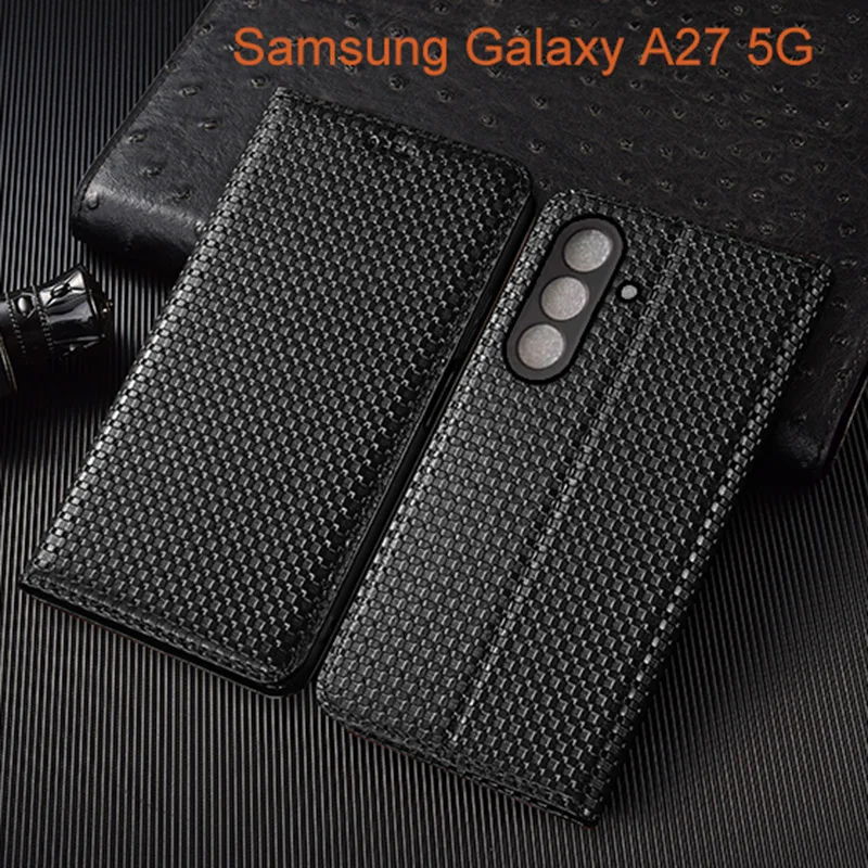 

Grass Mat Genuine Leather Flip Case For Samsung Galaxy A27 Phone Cover Card Cases Scratch Proof