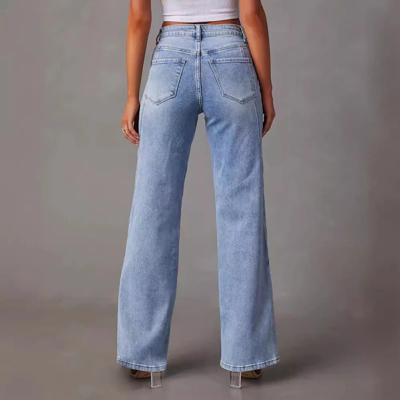 Women's Jeans 2024 New High Waisted Loose Straight Leg Denim Pants Autumn Fashionable Ladies Casual Blue Stretch Trousers