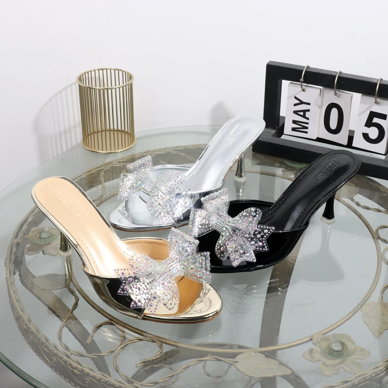 

2025 summer fashion sweet rhinestone bow slippers crystal transparent drag thin with high heels plus size Heel 7.5CM women shoes