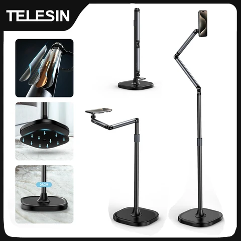 Telesin suporte magnético de chão para celular, suporte cantilever para transmissão ao vivo, tablet, suporte de elevação universal para celular