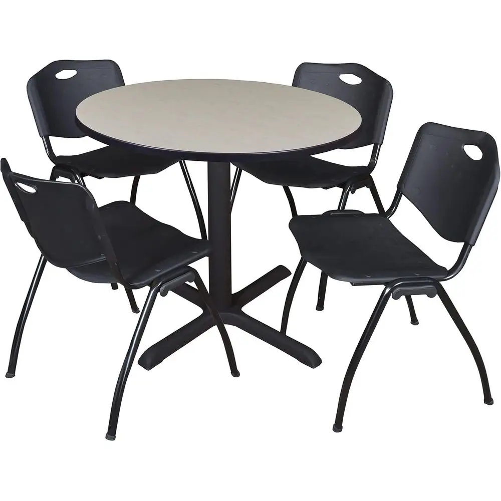 

36 Round Breakroom Table with 4 Stackable Blue Chairs, Steel Base Café Table for Lunchrooms and Offices (Maple, Black)
