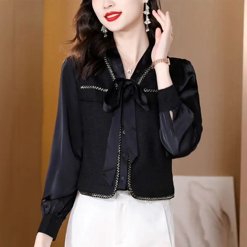 Commute V-Neck Fashion Bow Shirt Female Clothing Single-breasted Spring Autumn Patchwork Long Sleeve Korean Solid Color Blouse