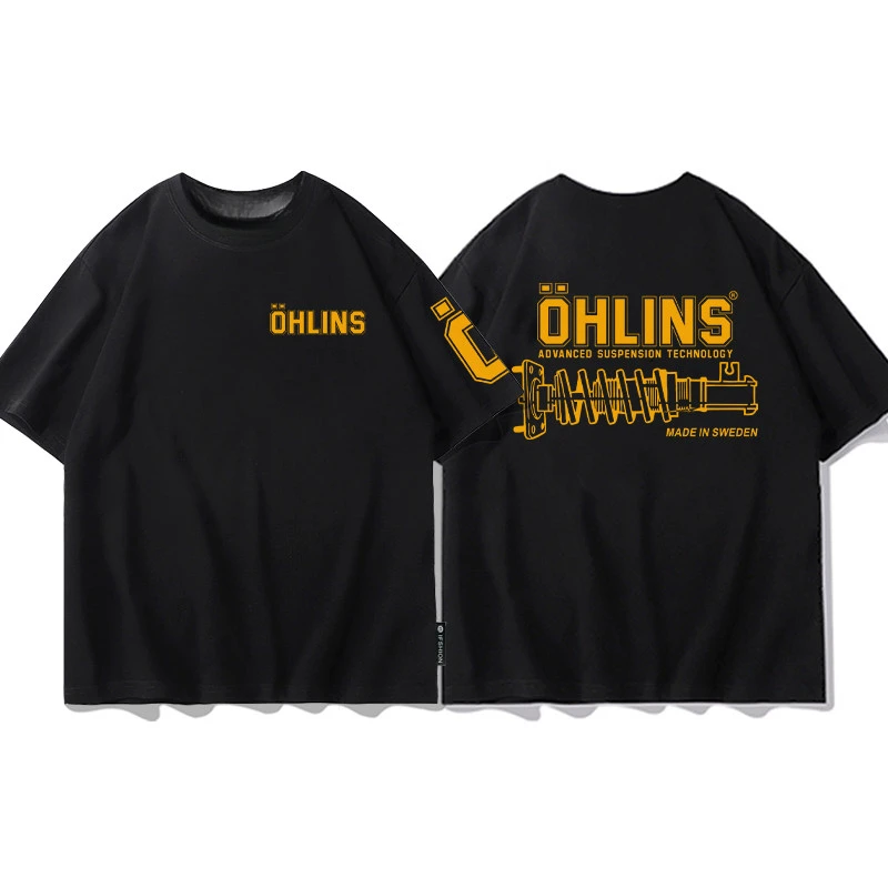 Rare Summer OHLINS Black T-shirt Collection Motorcycle Shock Absorber Print Short Sleeve T-shirt Racing Fan Clothes