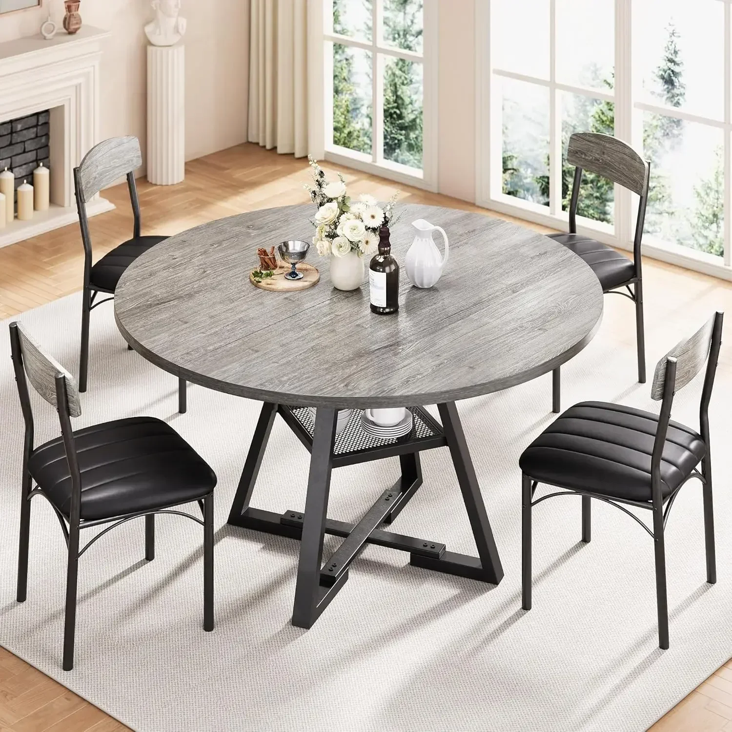 Round Dining Table Set for 4, Kitchen Table and Chairs for 4, Circle Table Round Pedestal Dining Room Dinner Dinette Table Set,5
