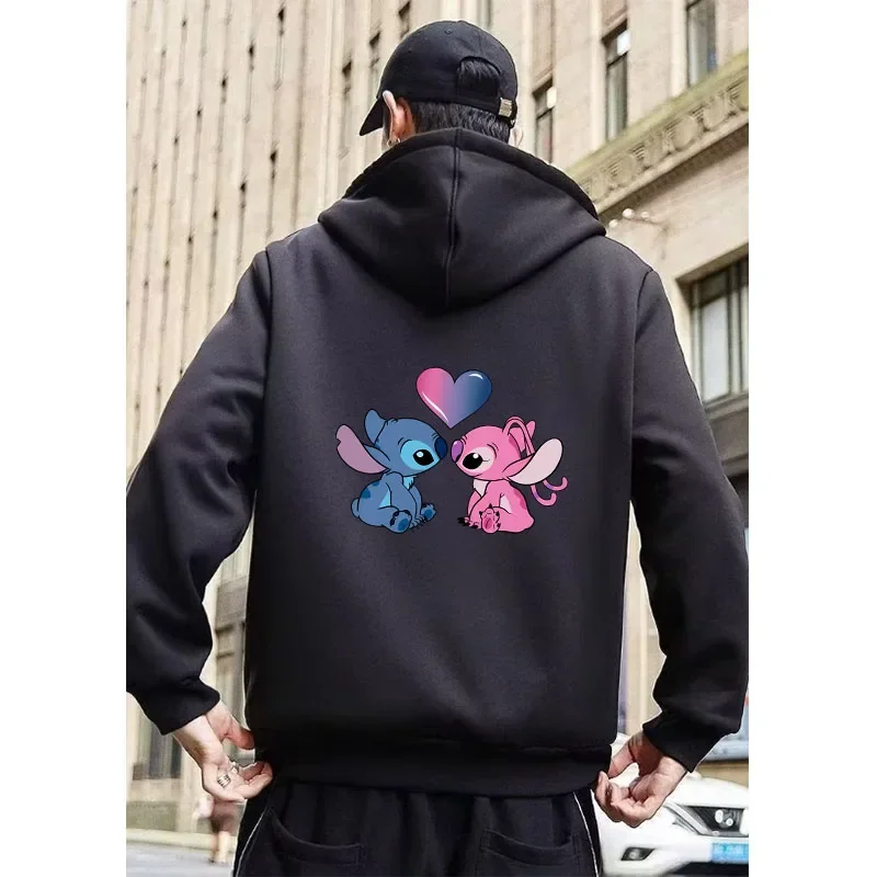 Stitch Adult Hooded Sweatshirt Cartoon Angel Women Sportswear Lambswool Thicken Warm Winter Zipper Coats Men Clothes Gift