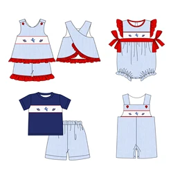 Hand Smock Baby One Piece Cotton Short Sleeved T-shirt Set Airship Pattern Boy Top Clothes And Lattice Shorts Suit Girl Romper