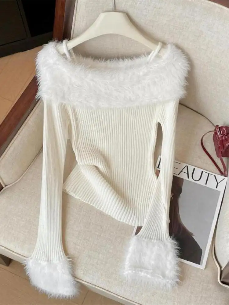 

Korean Vintage Women White Brown Off Shoulder Short Plush Sweater 2024 New Blue Elegant Long Sleeved Knitted Pullover Tops Trend