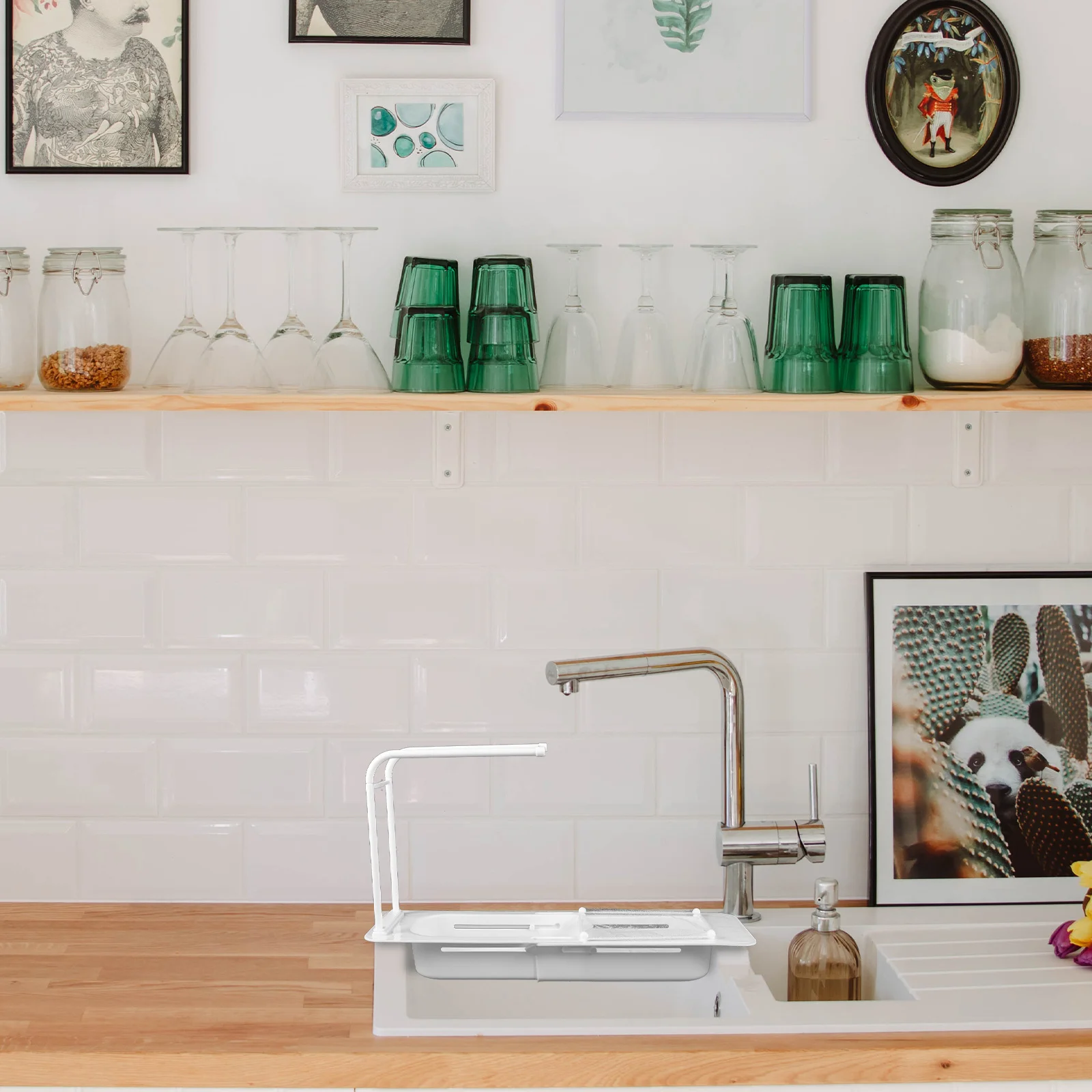 ที่คว่ำจานแบบขยายได้ ชั้นวางอุปกรณ์ครัว ตะกร้ากรองเศษอาหาร ที่วางฟองน้ำและสบู่ ตะแกรงกรองแบบปรับได้ ที่วางอ่างล้างจานแบบยืดหดได้