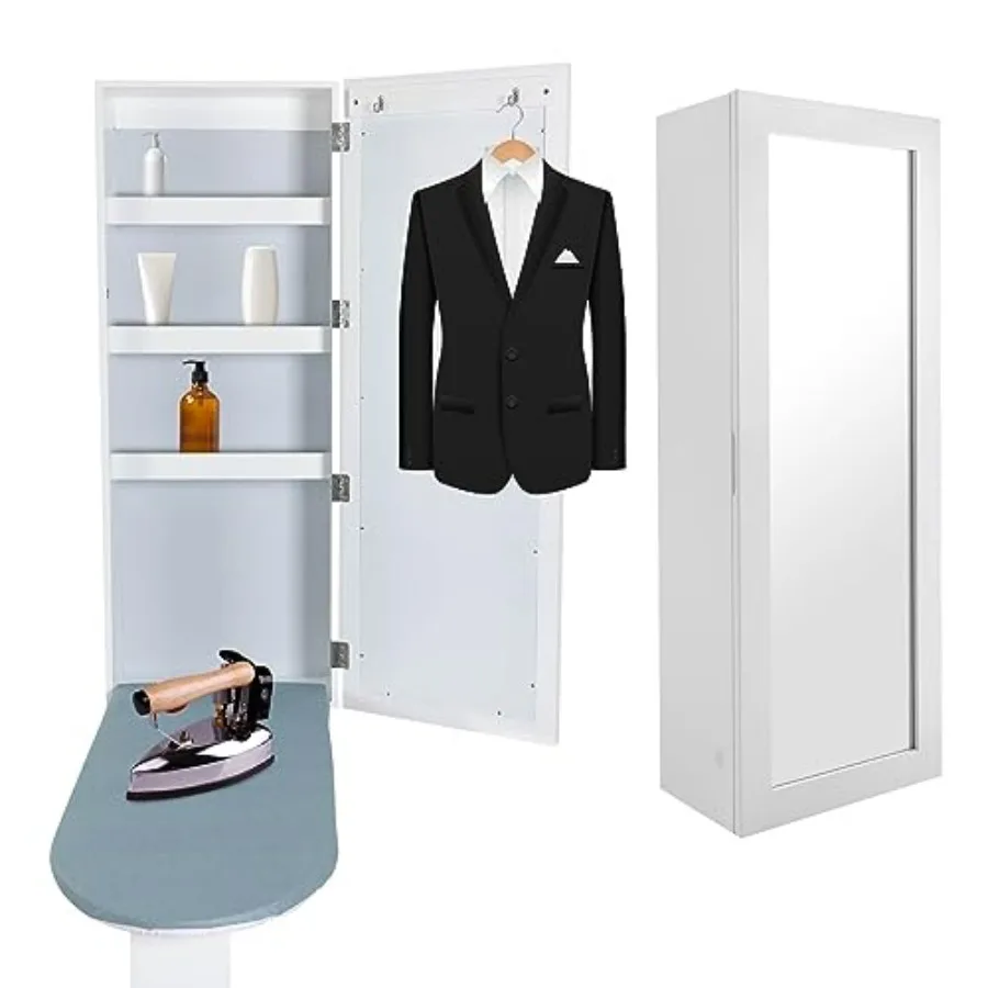 

Wall-Mounted Ironing Board Cabinet with Storage Shelves In-Wall Recessed Ironing Board in White with Folding Support Leg and Wa