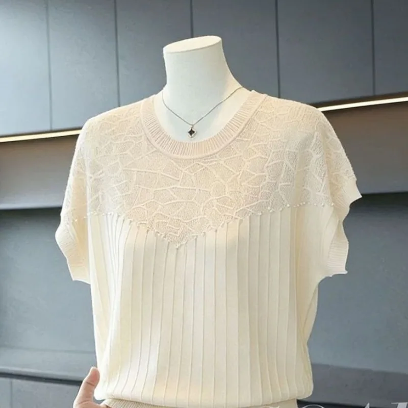 Knitted Short Sleeve T-Shirt Women's Mid-aged And Elderly Fashionable Pearl Embellished Top Korean Style Loose Fit Q291
