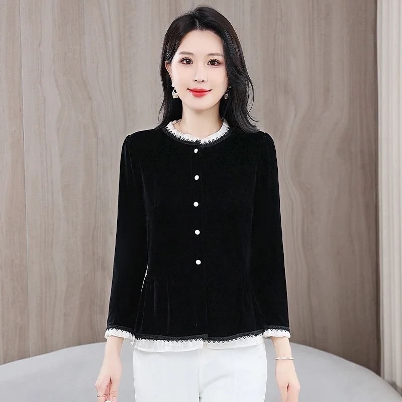 

Autumn New Sle Lace Trim Velvet irt Women's Slim Fit round Ne Long Sve Gold Velvet Small Suit Jaet Casual Wear