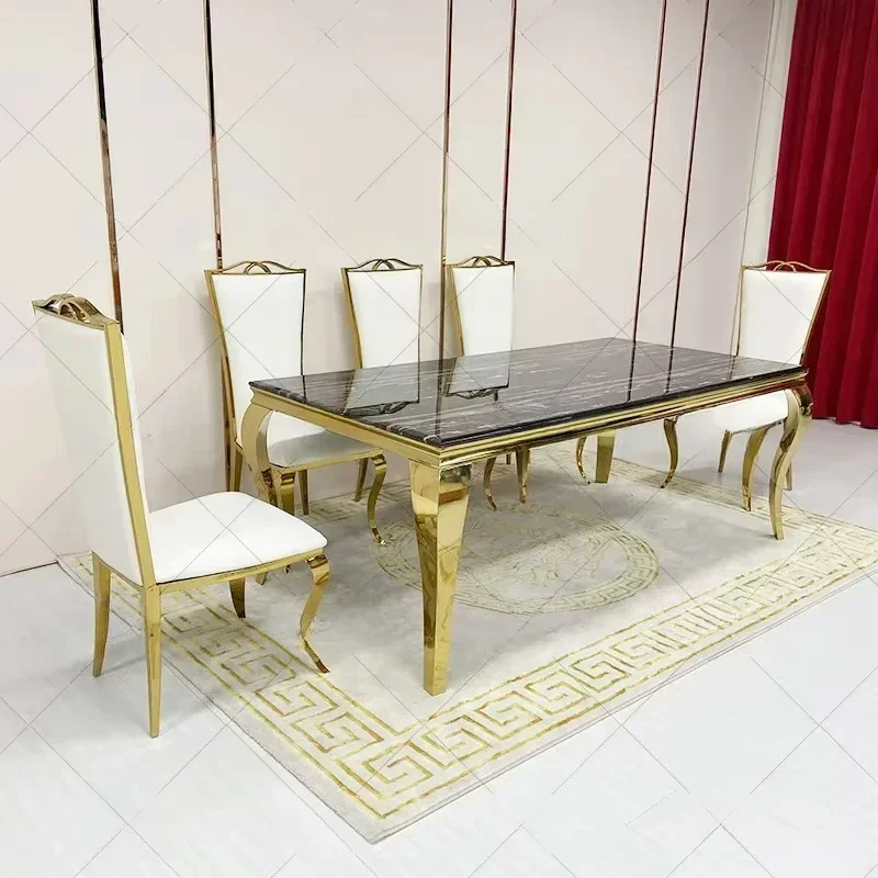 

Dining Tables One table and six chairs Dinning Room Furniture with Gold and sliver Legs Marble Top Dinner Table And Chairs