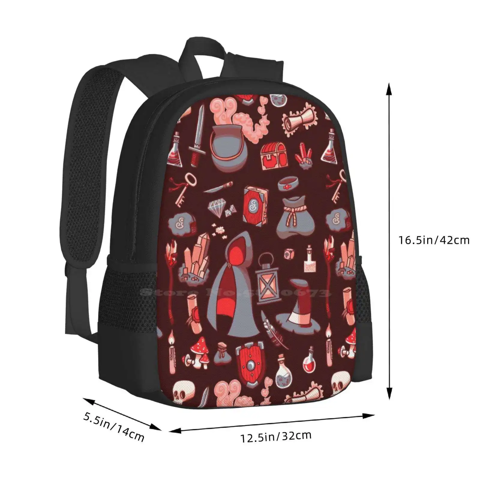 Magic Stuff Fashion Pattern Design Travel Laptop School Backpack Bag Rpg Magic Sorcery Sword Nerd Potion Scull Chest Mushroom