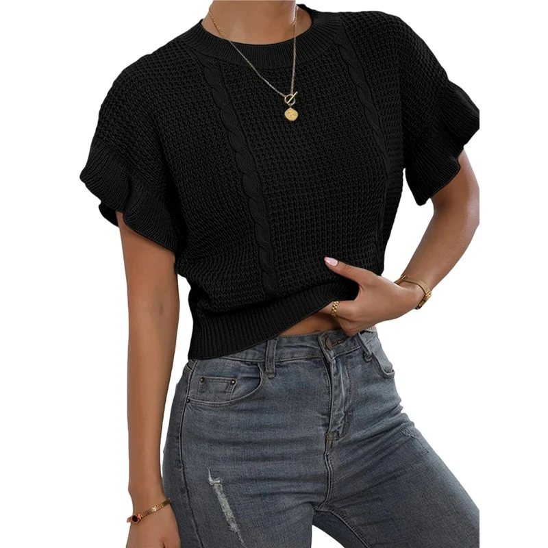 Women Top Round Neck Short Sleeve Knitted Ruffle Fashionable High Quality New Arrival Trendy Comfortable Premium