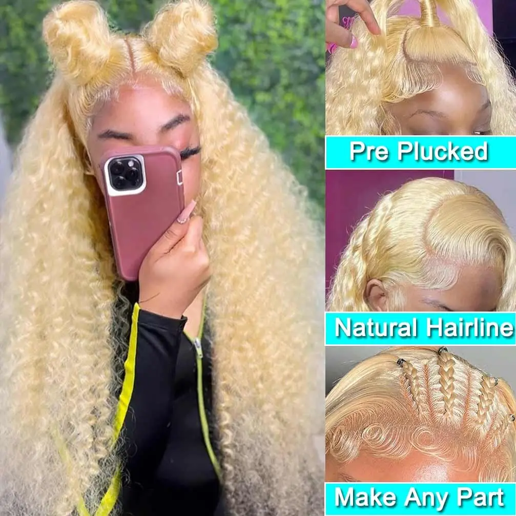 613 Kinky Curly Lace Front Wig Human Hair 180% Blonde Wig Human Hair Wet and Wavy Wigs for Women Glueless T Part Lace  Wig