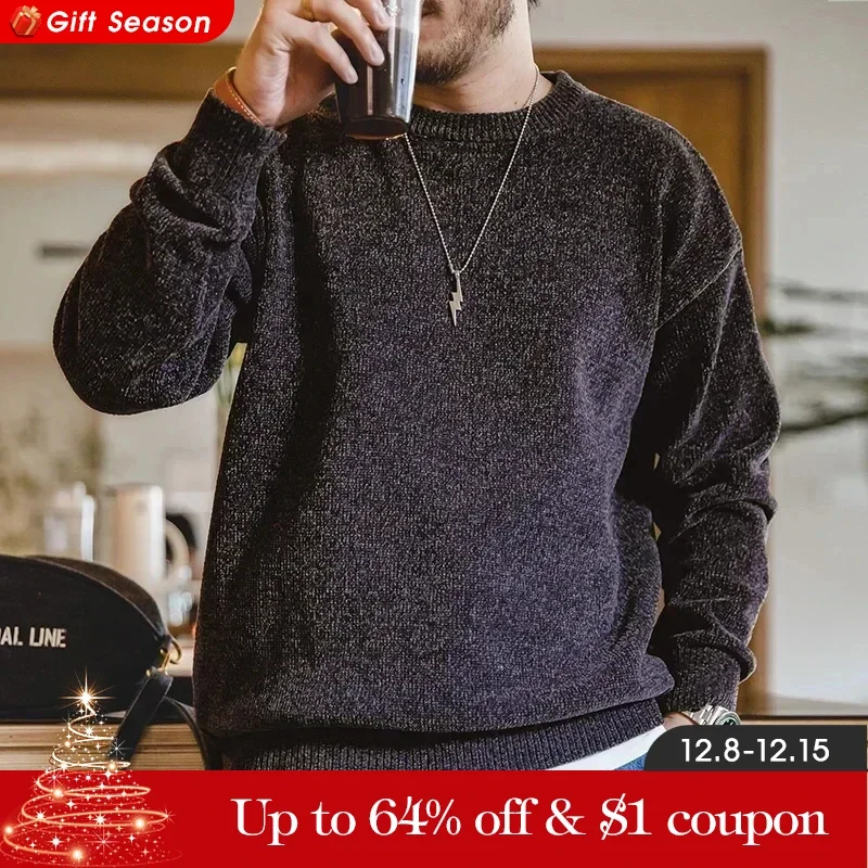 Maden Casual Chenille Round Neck Sweater for Men Warm Skin-friendly Beige Knitwear Autumn Winter Basic Solid Color Soft Sweater