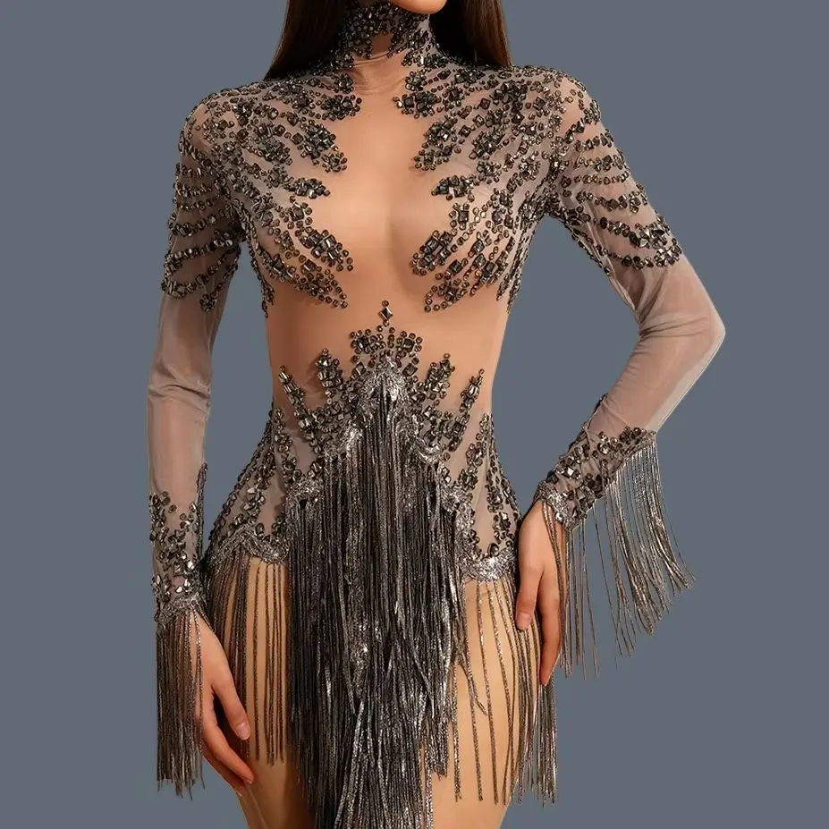High-end Sparkly Rhinestone High-end Tassel Bodysuit Ladies Latin Dance Team Wear Theme Party See Through Mesh Outfit Tangshui