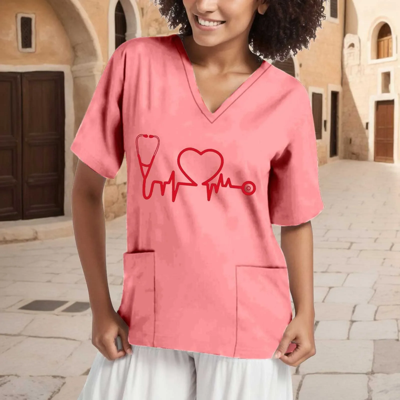 Ropa de verano para mujer con patrón de corazón, manga corta, cuello en V, Tops esmerilados, uniforme, médico, enfermera, nuevo