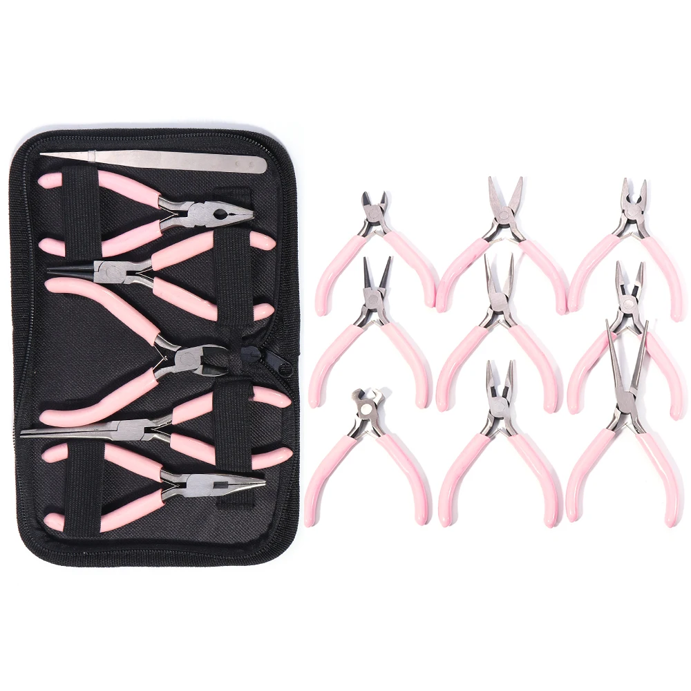 Ensemble d'outils de pinces portables en acier inoxydable de couleur rose, Kit de pinces à fil de coupe à nez rond pour la fabrication de perles artisanales de fabrication de bijoux à faire soi-même