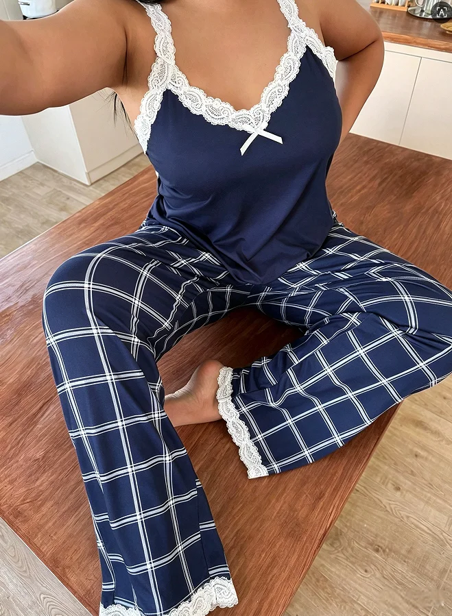 

Plus Size Women's 2 Piece Pajama Set Lace Trim Cami Top And Plaid Pants Sleepwear Loungewear Comfortable Nightgown