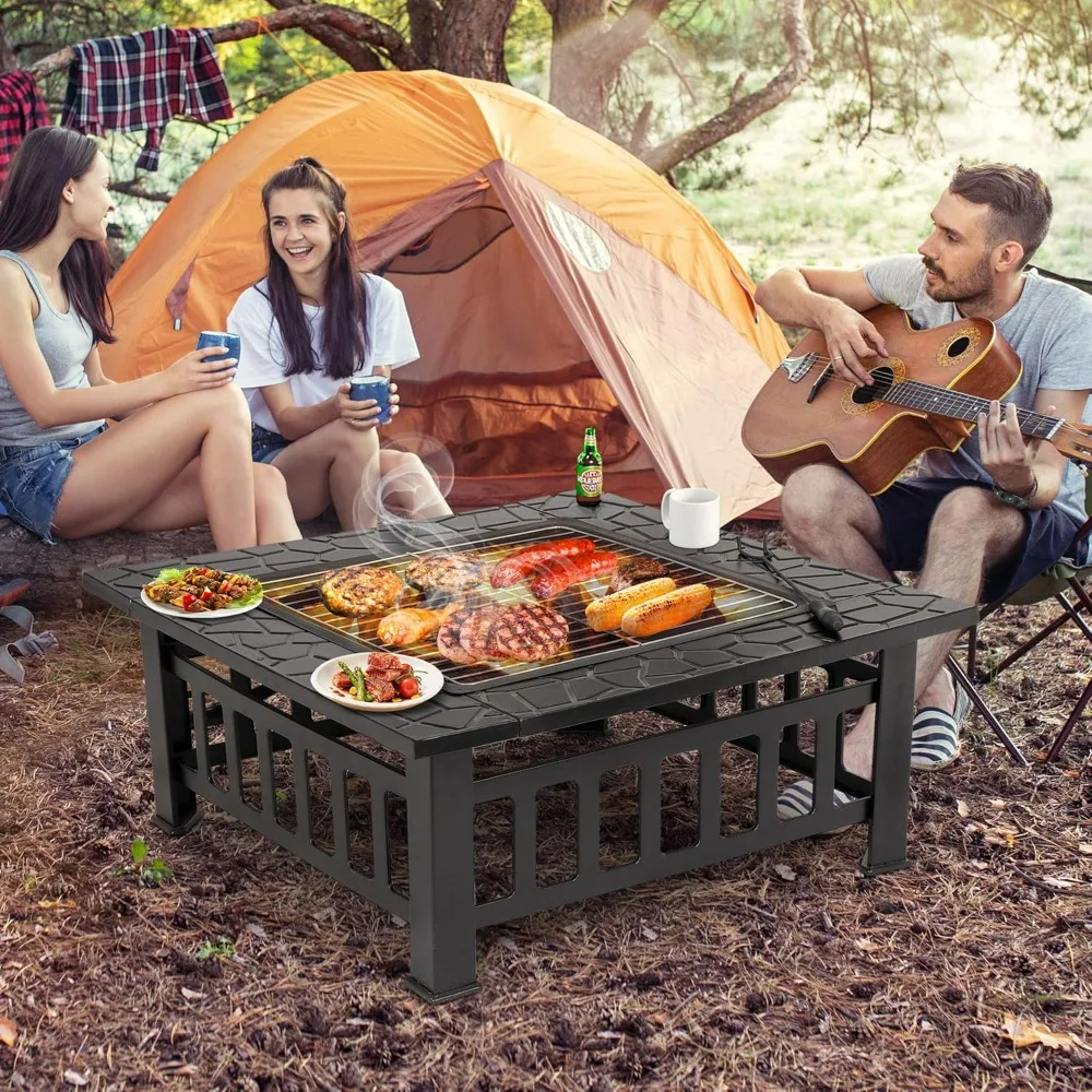 32 Inch Wood Burning Fire Pit with Spark Screen & Waterproof Cover - Square Metal Stove for Patio Backyard Camping BBQ Picnic