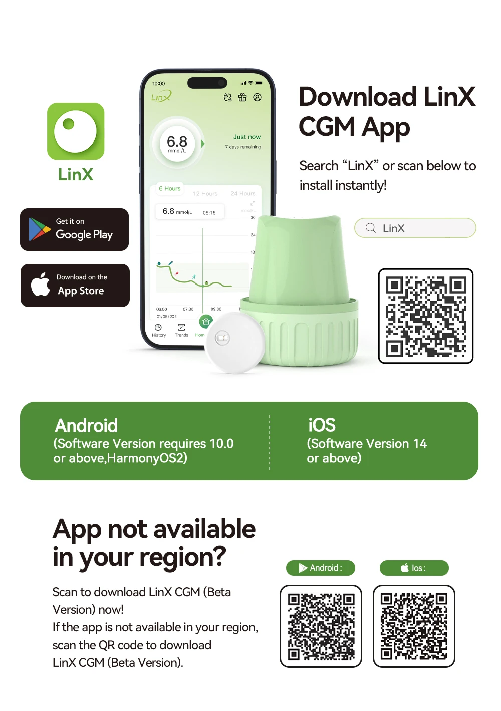 MicroTech LinX CGM 4 Sets Continuous Glucose Monitor 24h Real-time Blood Sugar Test No Finger Pricking Glucose Monitoring Kit