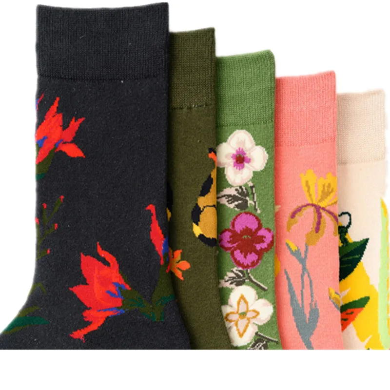 Spring Couple Middle Tube Socks Women Female Flowers Animals Fish Eggs Cotton Creative Hot Women\'s Long Socks for 4 Seasons