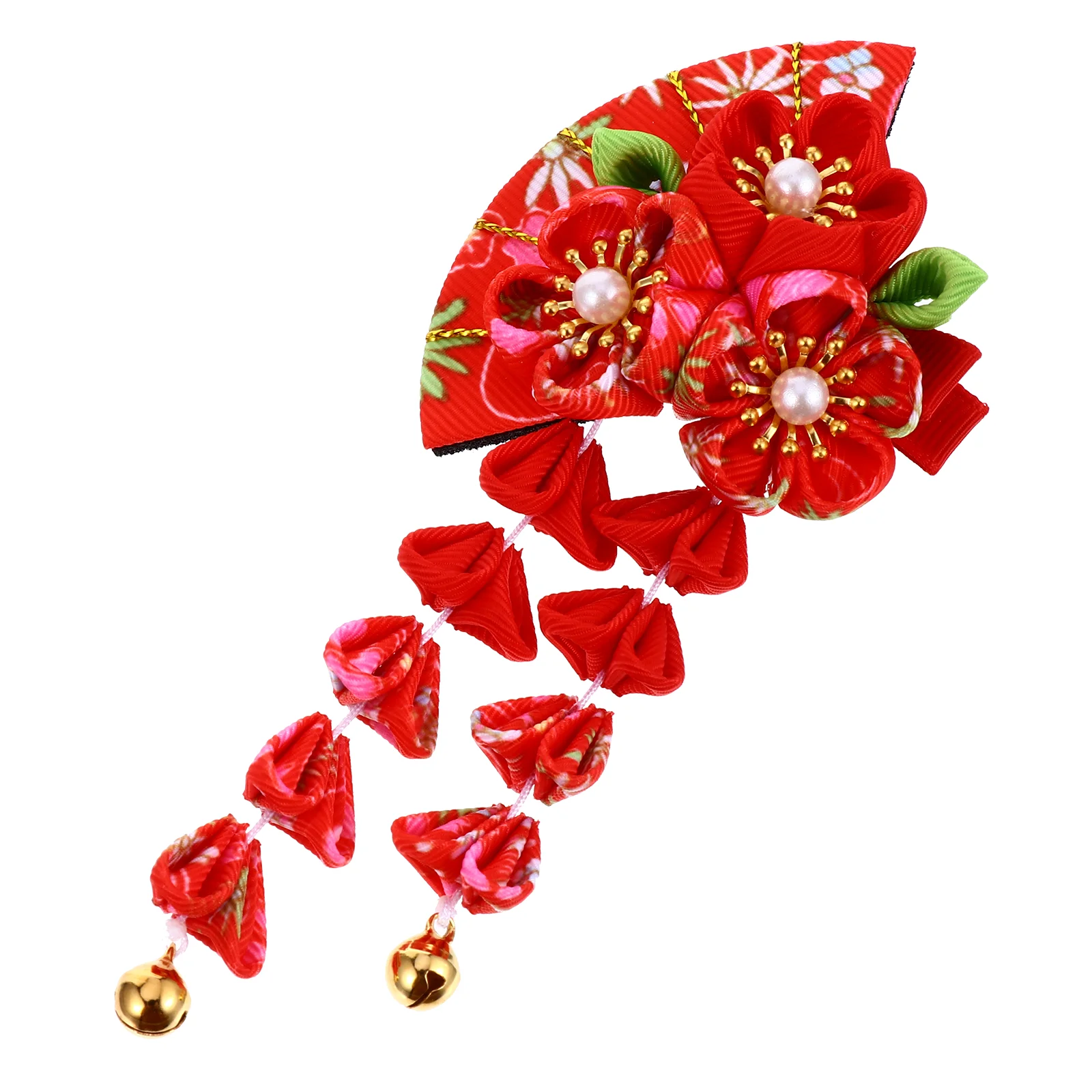 Baby Hair Ties Tassel Bell Accessory Clip Japanese Style Rhinestones Fan Shape Decor Red Decoration Man