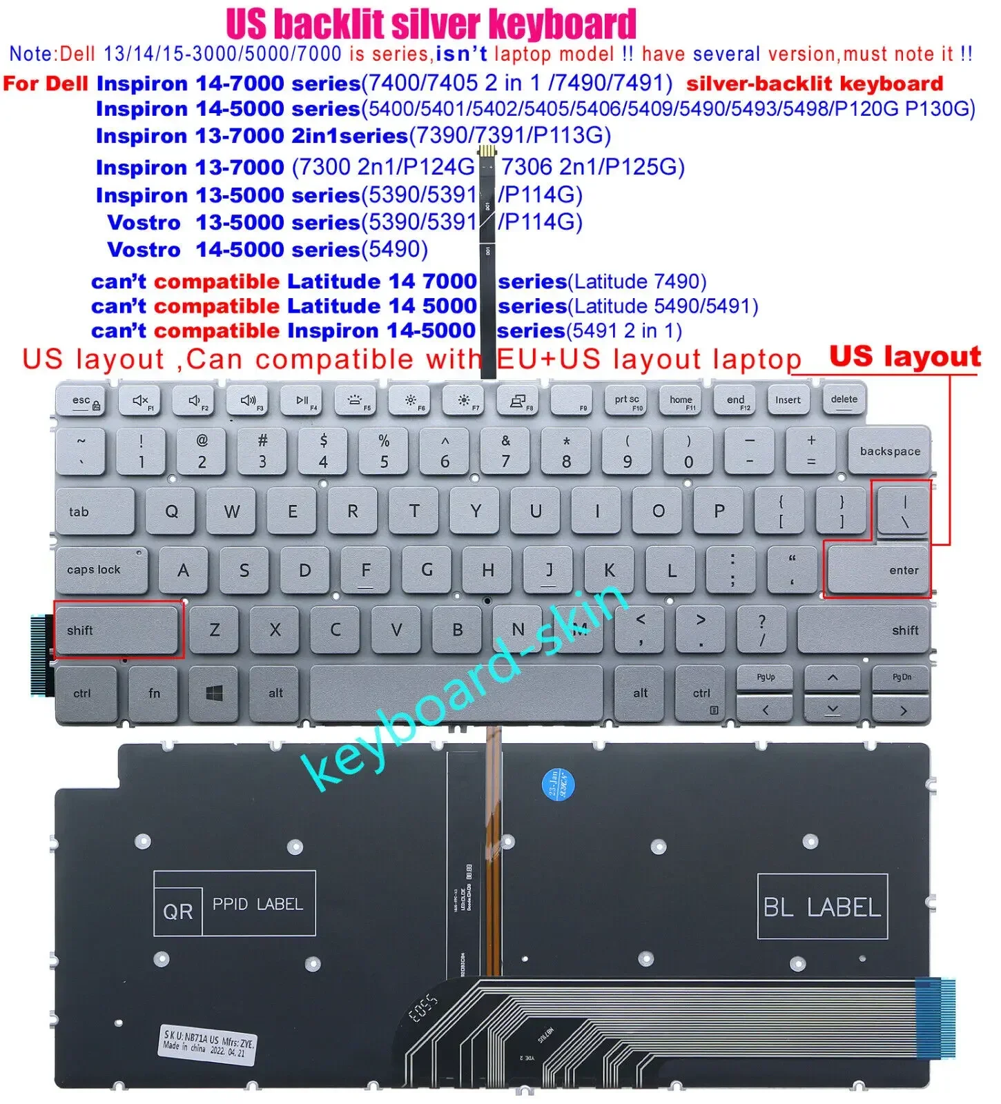 لوحة مفاتيح فضية بإضاءة خلفية أمريكية لأجهزة Dell Inspiron 13 5390 5391 P114G 7390 7391 P113G 7300 7306 2n1 P124G P125G Vostro 5390 5391 5490