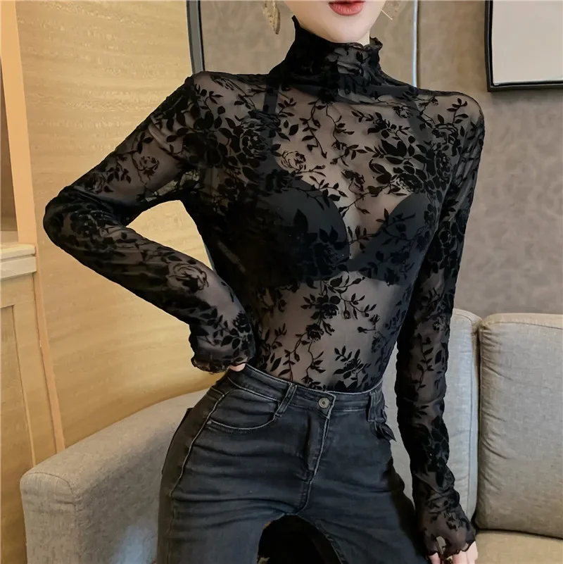 Size M-XXXL Transparent Flocking Mesh T-shirt Women Turtleneck Slim Long Sleeve T Shirts Girls Elastic Tops Tees Shirts