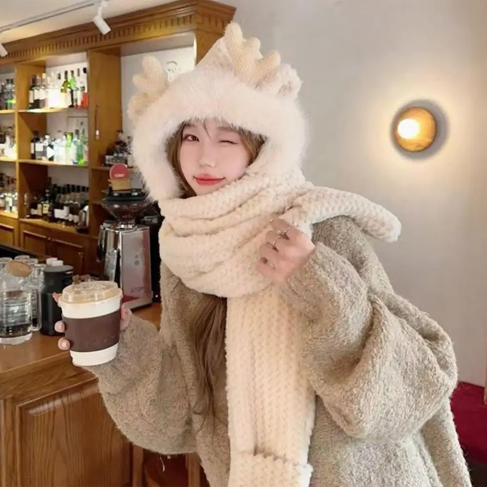 Women 3-in-1 Winter Hat Set Cozy Winter Set Plush Antler Decor Scarf Hat Gloves for Women Fuzzy Faux Fur Windproof Outdoor Gear