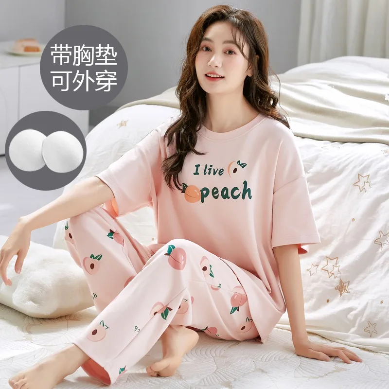 Women\'s Pajamas Set with Bra Pad For Summer Short Sleeve Long Pant Pyjama Loungewear Set Sleepwear Pijama Home Clothing 2024 New