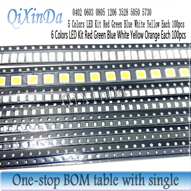 5 kolorów = 500 sztuk/6 kolorów = 600 sztuk 0402 0603 0805 1206 3528 5050 5730 Zestaw diod LED SMD czerwony/zielony/niebieski/biały/żółty/pomarańczowy