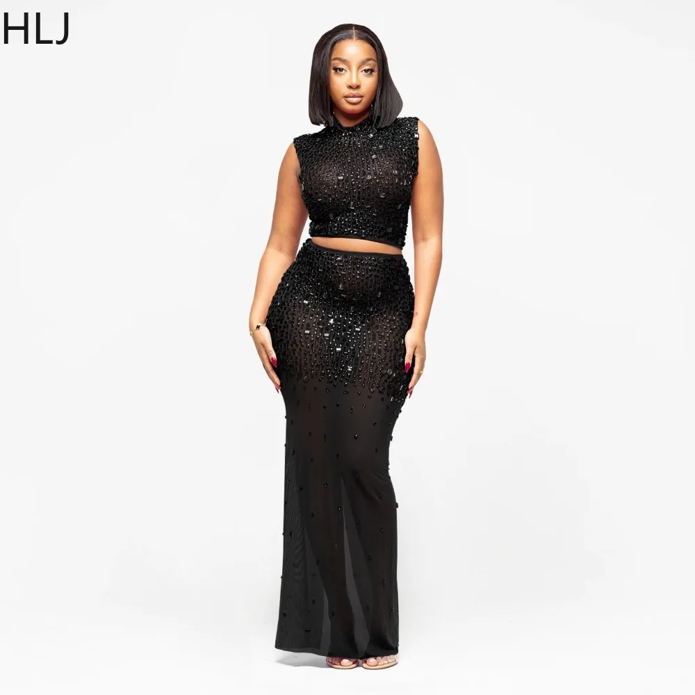 HLJ Sexy Mesh Rhinestone Bodycon 2 Pieces Set for Woman Outfits Solid Round Neck Sleeveless Crop Top + Skirt Female Clubwear New