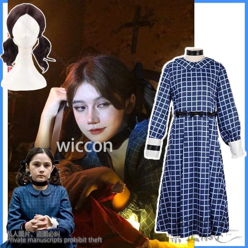 2024 Halloween Costume Cosplay American Horror Film Esther Orphan Esther Black Wig Blue Dress Lolita Wig Woman Girl Christmas