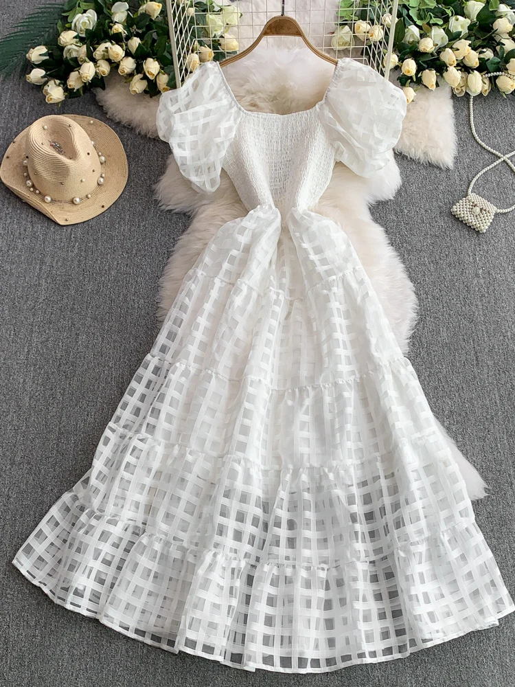 Vestido Estilo Princesa com Mangas Bufantes Verão Novo Cintura Alta Efeito Emaecimento Vestido Midi em A Estilo Coreano
