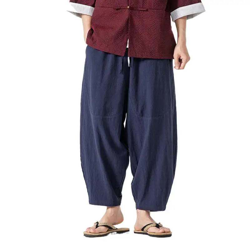 

Summer New Chinese Style Men's Loose Solid Color Drop Crotch Nine-point Pants