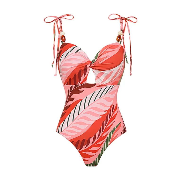 Maillot de bain une pièce pour femmes, 2 pièces, Cover-up, à volants, imprimé Dongbei, décolleté en V profond, Monokini, Kimono, vêtements de plage, été, 2024