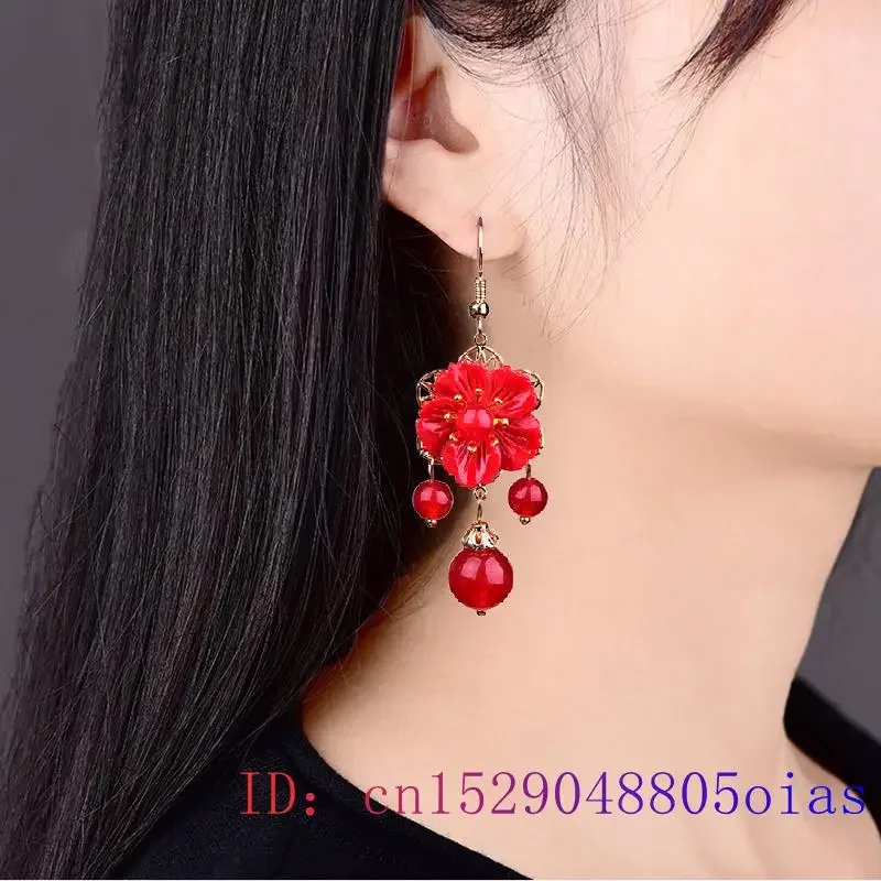 Orecchini con fiori di giada rossa Gioielli con zirconi Amuleto di pietre preziose Cristallo naturale Regali di moda per donna Calcedonio Fascino in argento 925