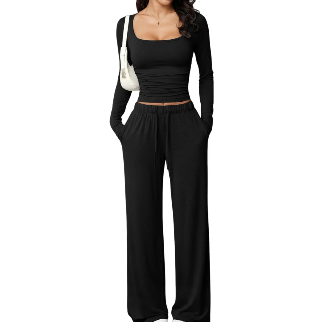 Women Square Neck Ruched Long Sleeve Crop Top Drawstring Wide Leg Pants 2 Piece Outfit Casual Solid Color Slim Fit Lounge Tracks