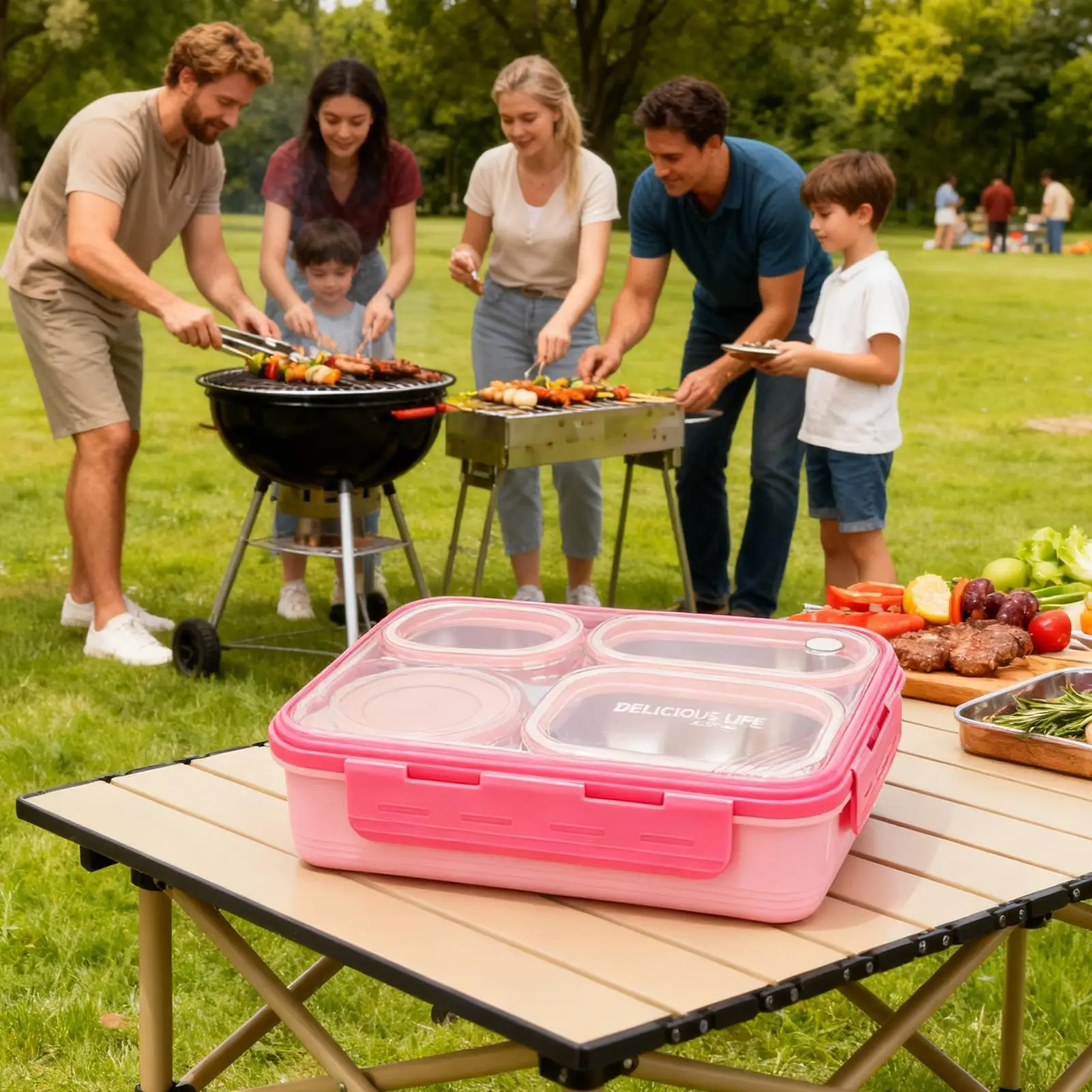 

Стальной ланч-бокс для детей, герметичный, большой емкости, 4-х отделений для хранения, портативный контейнер для обеда для пикника, кемпинга, школы