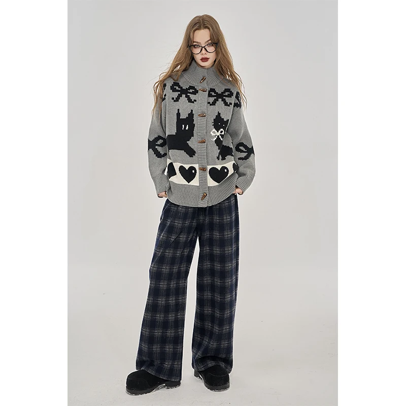 ELFSACK Y2K Preppy Casual Plaid Bow Drawstring Floor Length Pants For Women