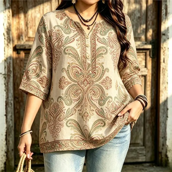 Women All‑Over Vintage Paisley Ethnic Print Blouse Notched Neck 3/4 Sleeve Loose Fit For Curvy Figures Daily Casual Ladies Tops