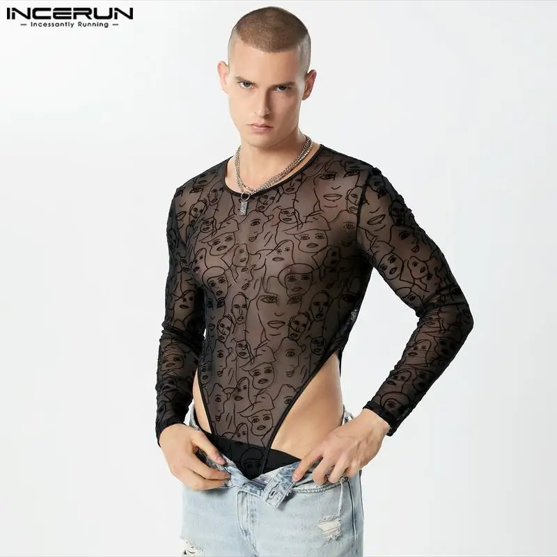 INCERUN Men Bodysuits Mesh Sexy Transparent Printing O-neck Long Sleeve Male Rompers Streetwear Fashion 2023 Bodysuit Men S-3XL