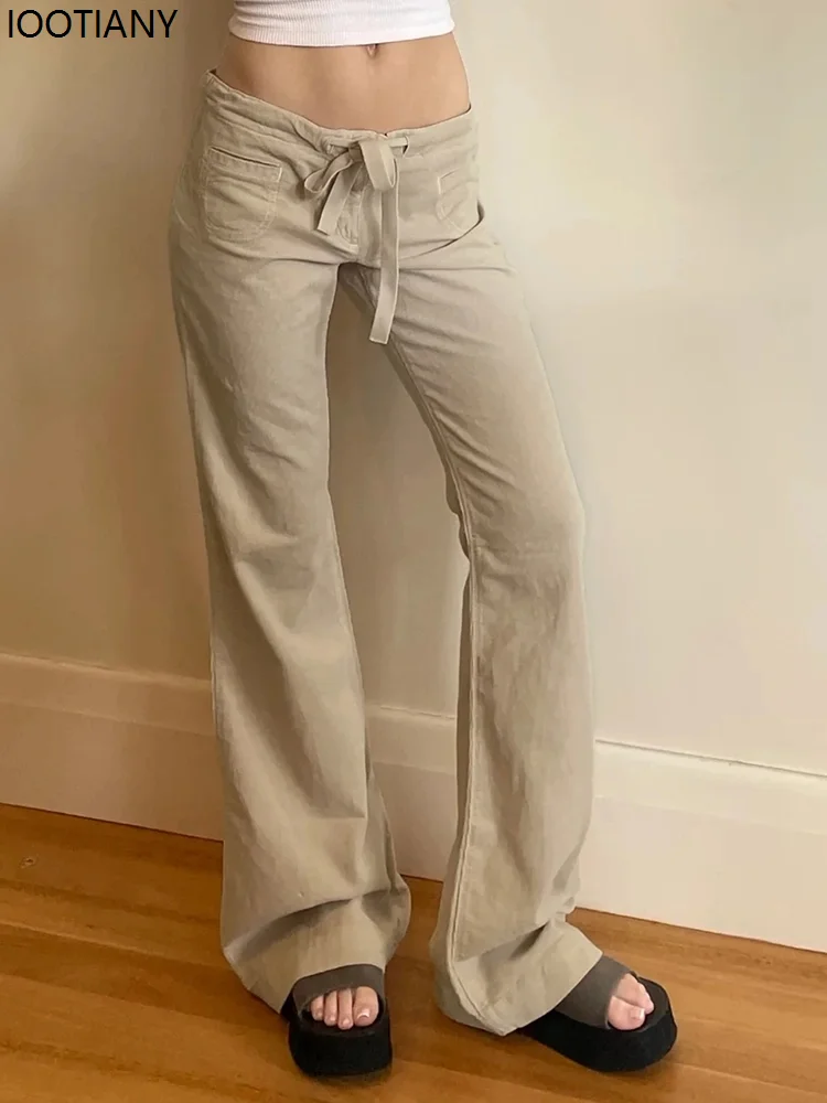 Y2k Vintage Low Rise Chic Pants Women's Streetwear Lace-up Loose Straight Trousers Casual Khaki Retro Korean Fashion Baggy Pants