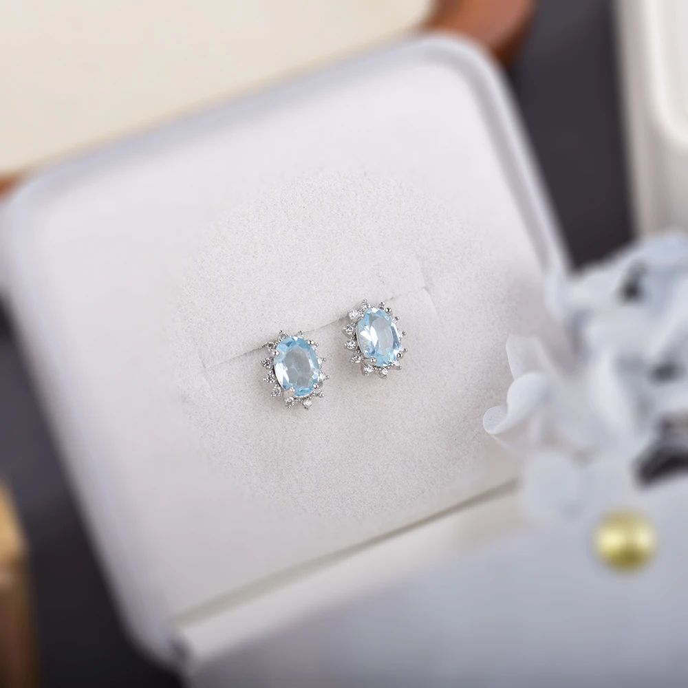 ITSMOS Natural 1.4ct Ocean Blue Topaz Oval Pave CZ Earrings Sterling Silver Gemstone Studs Earring Lover Jewerly for Women Gift