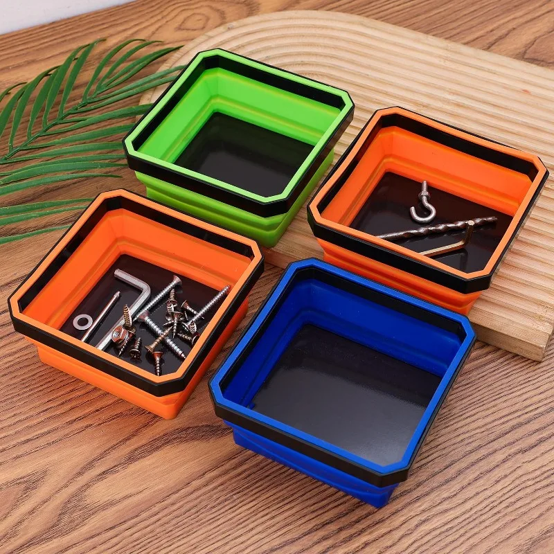 Square Silicone Foldable Magnetic Parts Tray Collapsible Suction Bowls Storage Holder for Bolts Nuts Washers Pins Screw Holder