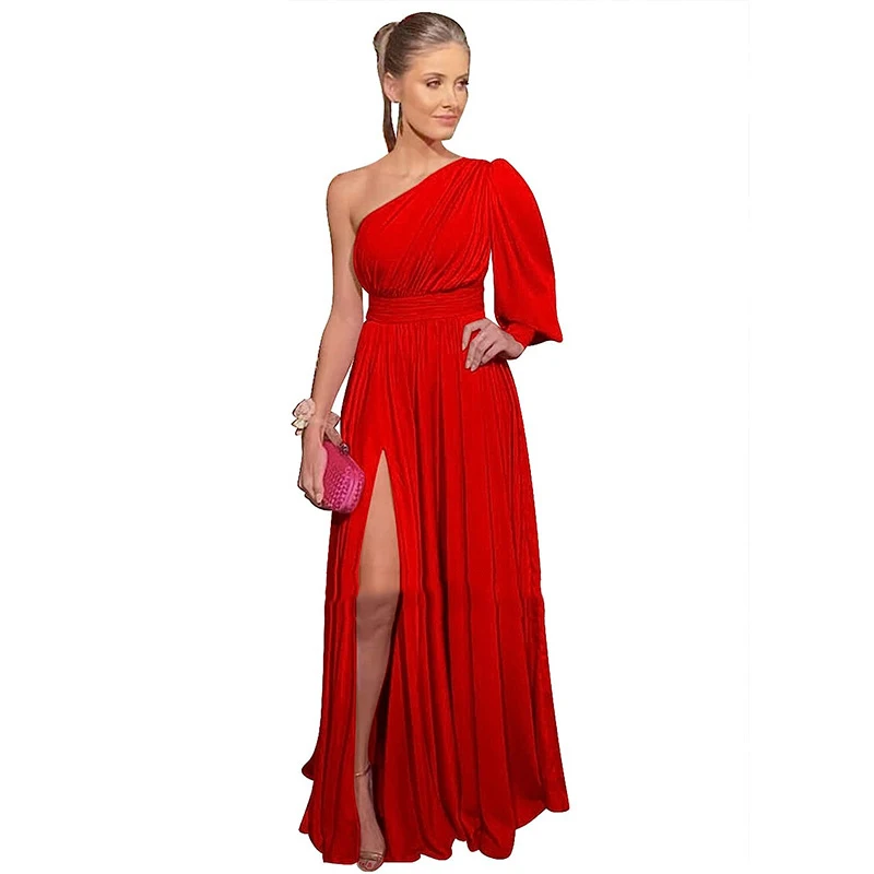 Customized One Shoulder Women Evening Dresses Chiffon Side Slit Prom Party Gowns Formal Vestido De Noche Lace Up