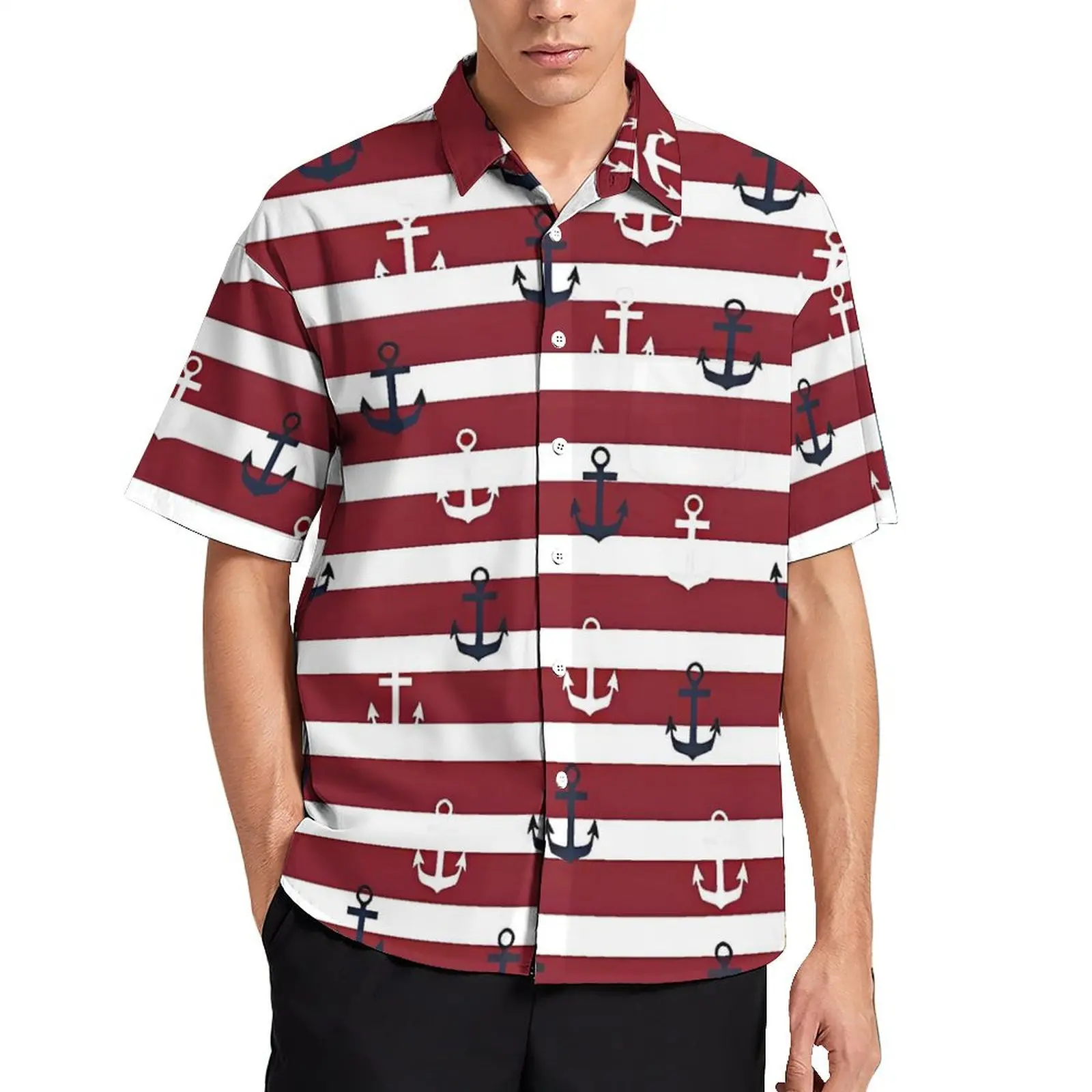 Red Stripes Navy And White Anchor Casual Shirt Vintage Hawaii Shirts Male Short Sleeve Beach Stylish Graphic Plus Size Blouses